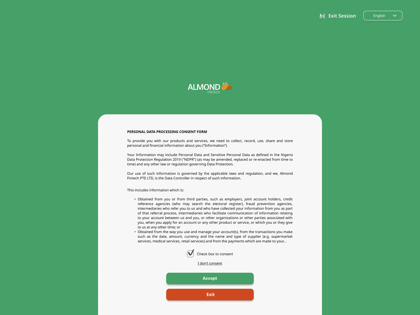 Almond Fintech personal data consent form