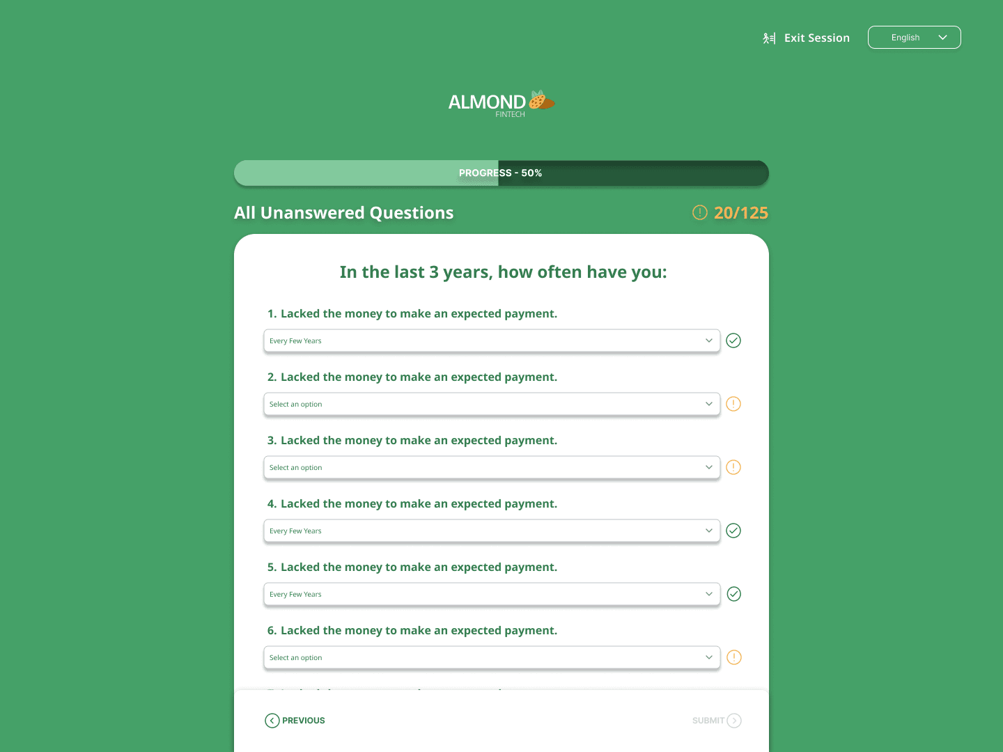 Almond Fintech assessment question flow with Likert-scale questions