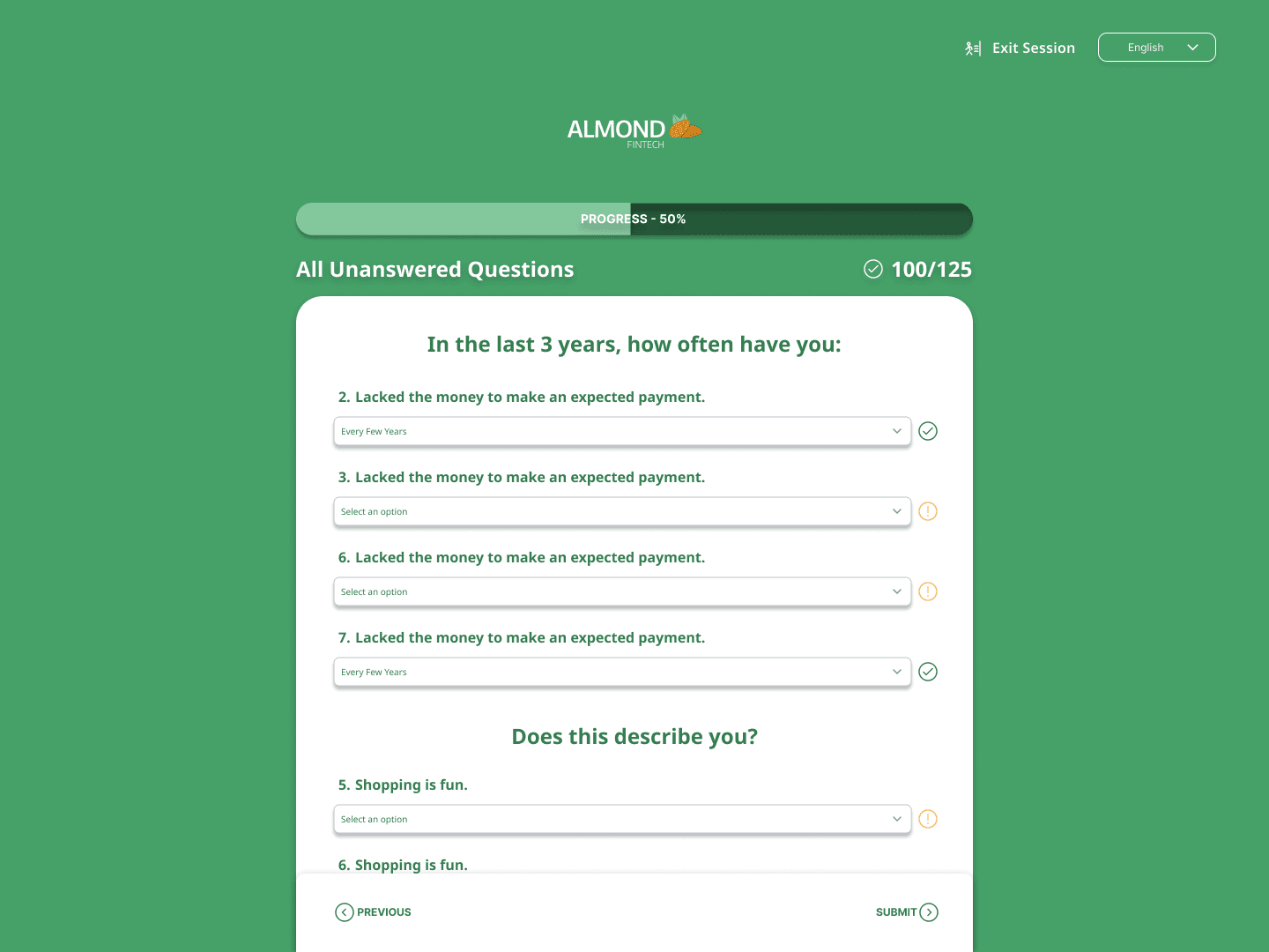 Almond Fintech unanswered questions review screen
