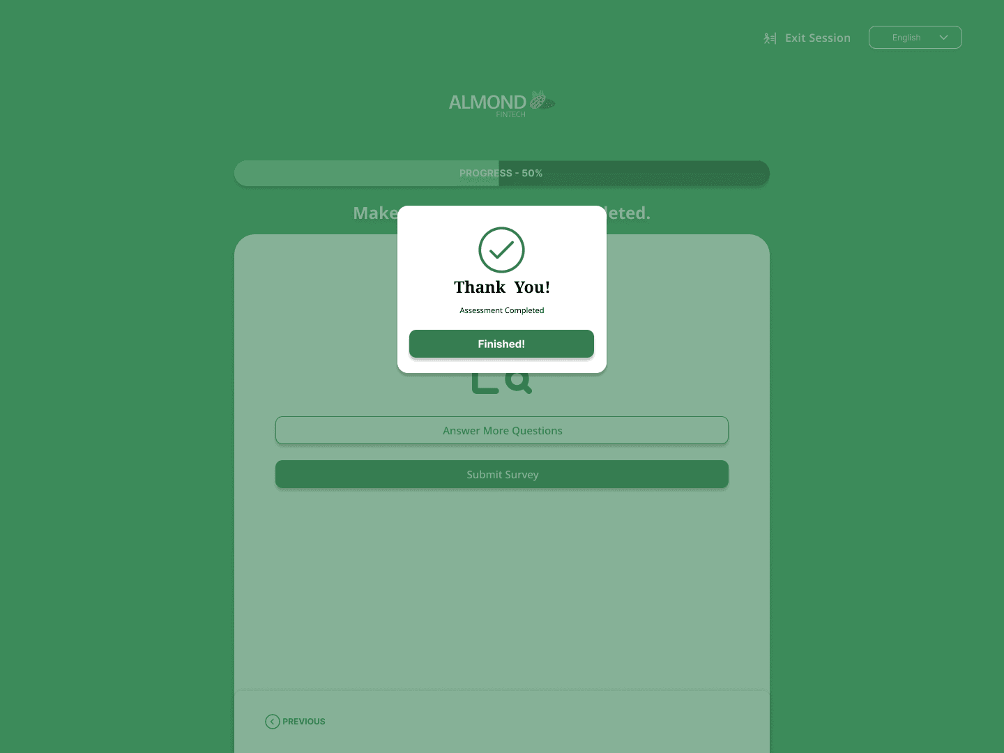 Almond Fintech assessment complete confirmation modal
