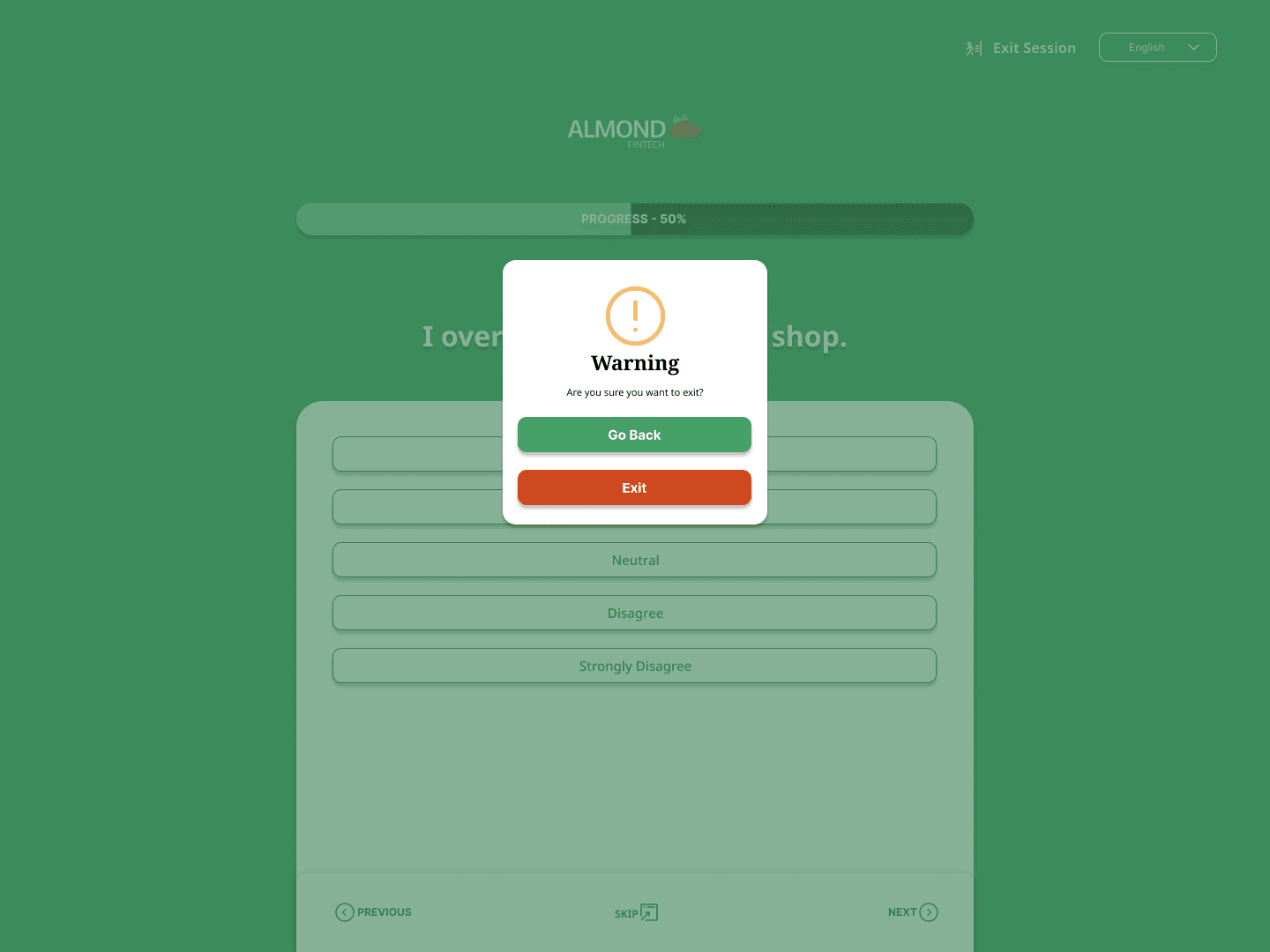 Almond Fintech warning modal for exit confirmation