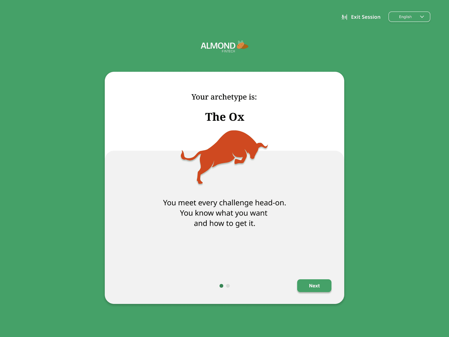 Almond Fintech archetype reveal screen showing The Ox result