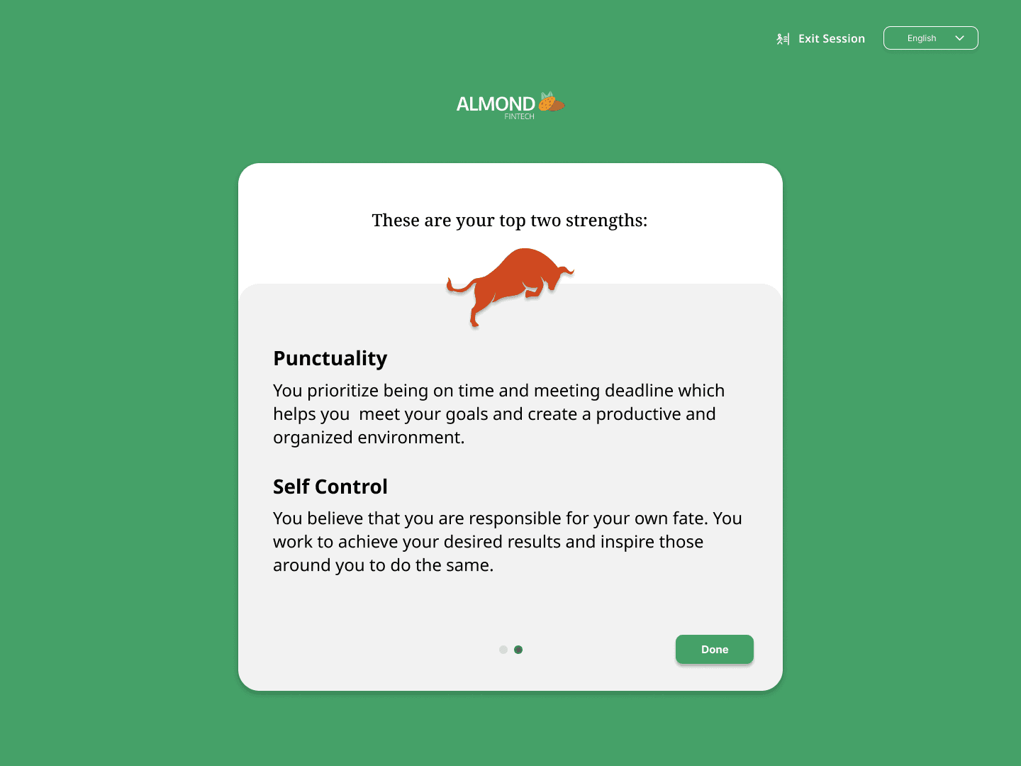 Almond Fintech strengths breakdown with behavioral descriptions