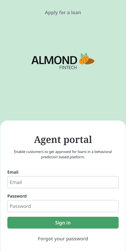 Almond Fintech mobile login screen for field workers