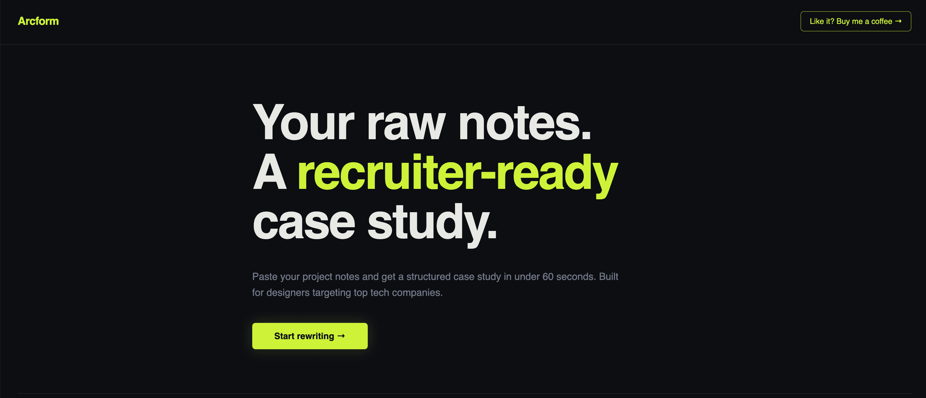 Arcform landing page hero — AI case study writer for UX and product designers