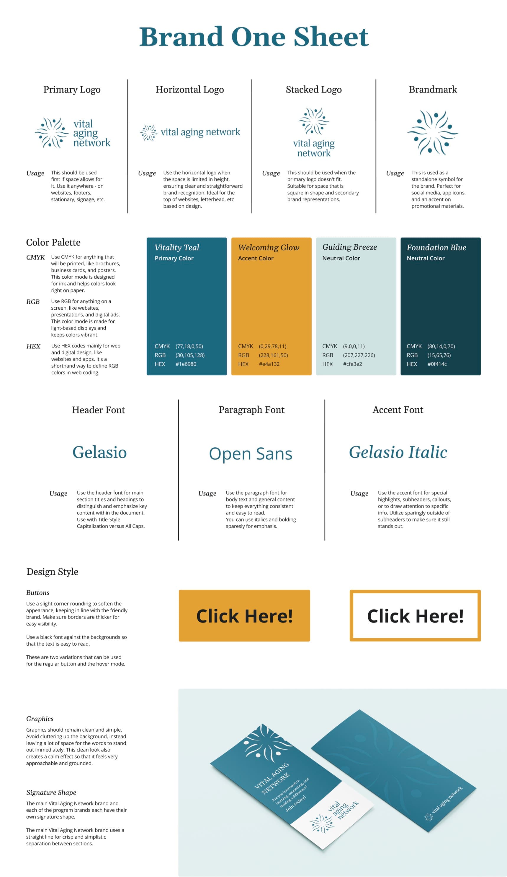 Brand direction 1 — Vitality Teal color palette and typography for Vital Aging Network